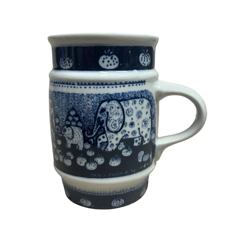 Taylor & Ng Vintage Mug Elephants In Pumpkin Patch 4.25” Tall Blue Glaze
